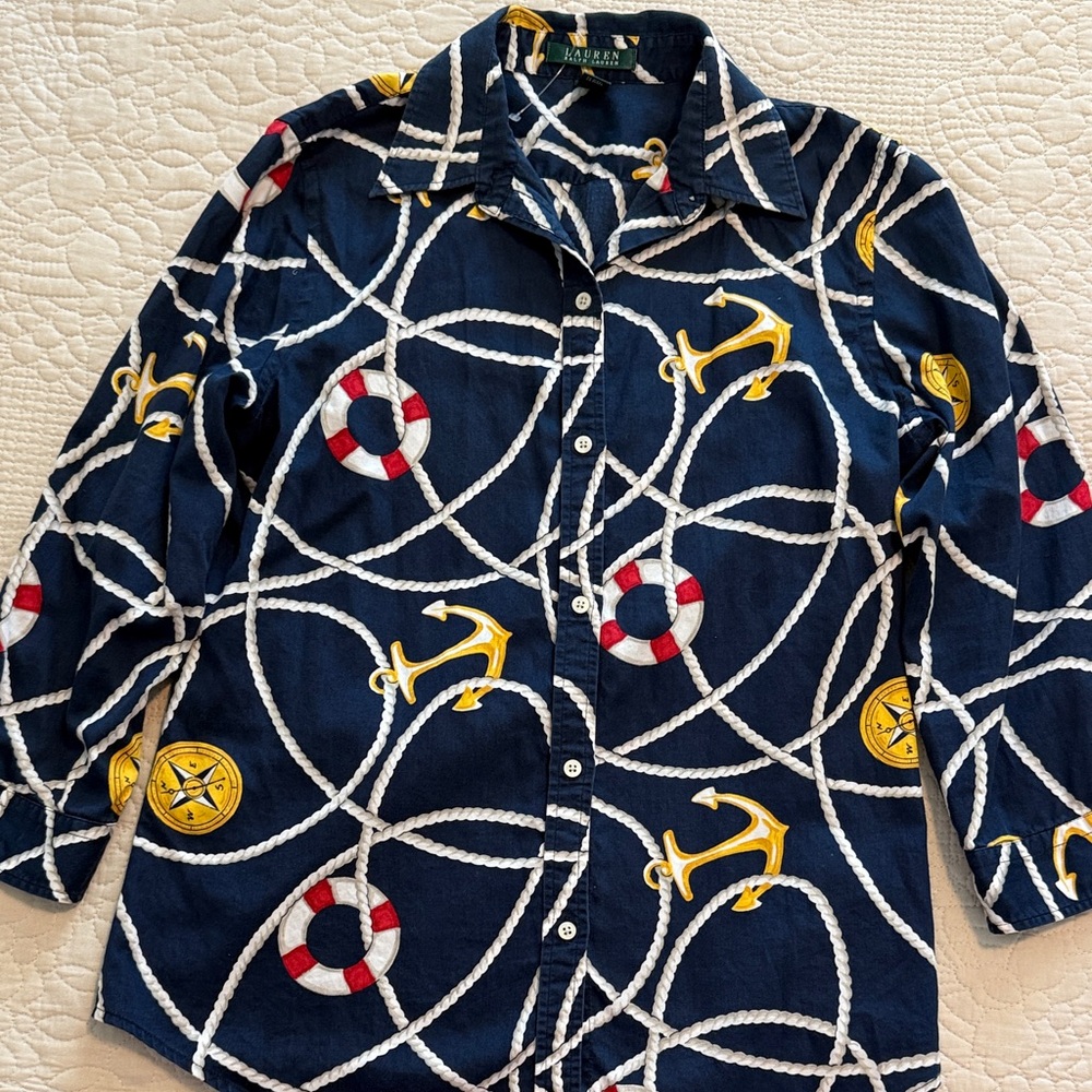 Vintage Ralph Lauren Navy Nautical Rope & Lifebuoy Button-Down Shirt - Picture 5 of 11